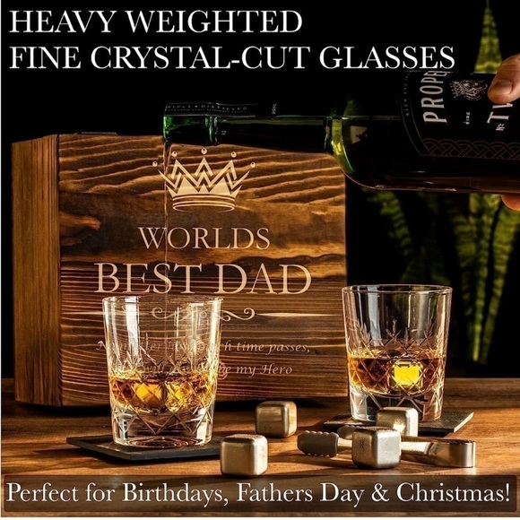 Brand New "World's Best Dad" Whiskey Glass Gift Set Wooden Engraved Box Stones - Picture 12 of 16